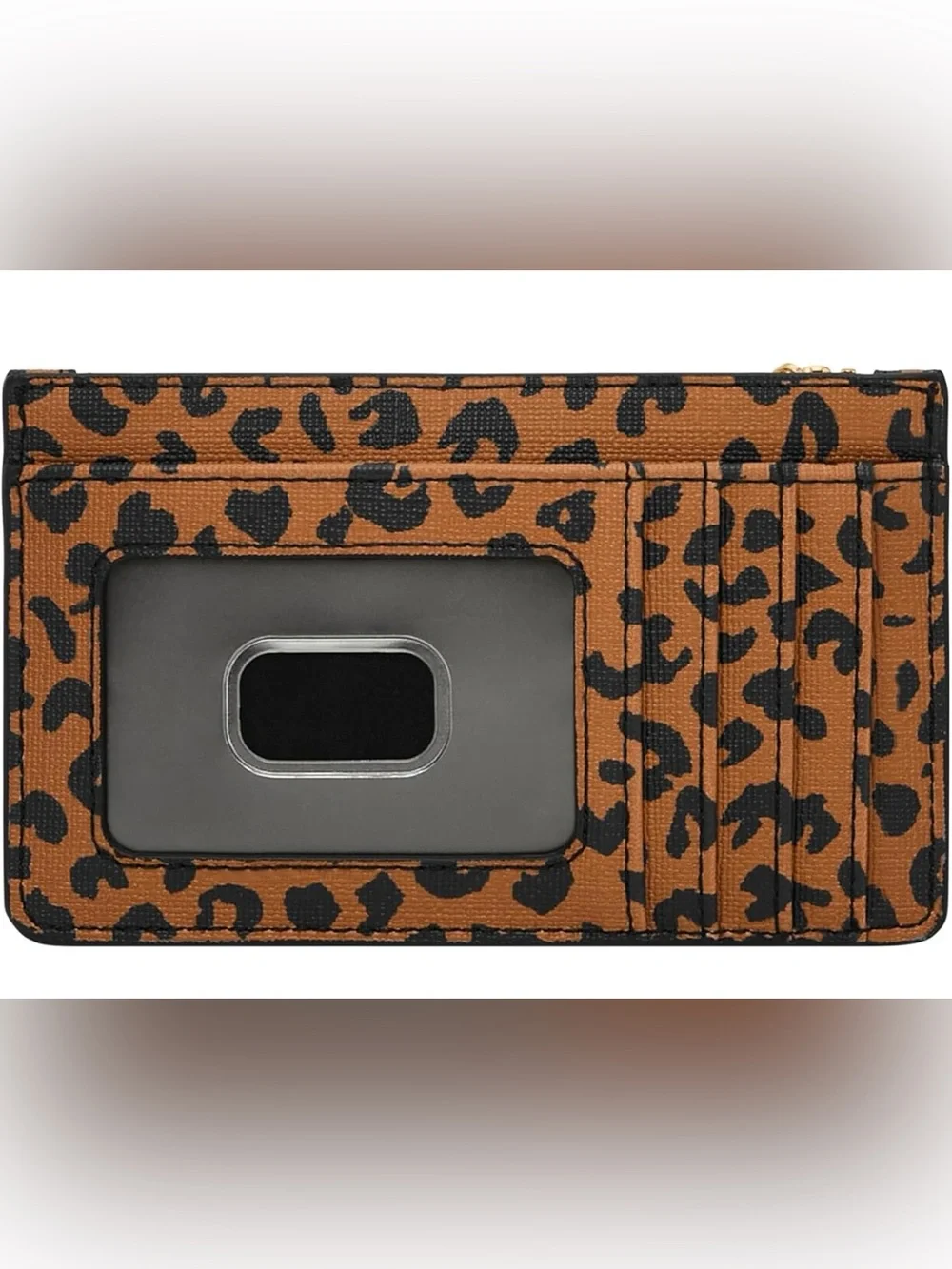 Fossil Leopard Black White Stripe Zip Card Holder Gold Keyring